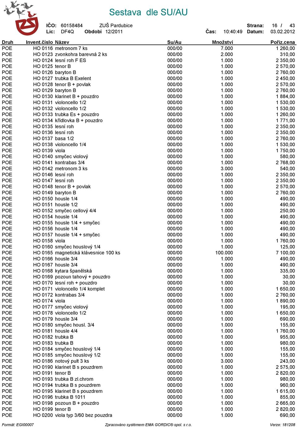 000 2 570,00 POE HO 0129 baryton B 000/00 1.000 2 760,00 POE HO 0130 klarinet B + pouzdro 000/00 1.000 1 884,00 POE HO 0131 violoncello 1/2 000/00 1.000 1 530,00 POE HO 0132 violoncello 1/2 000/00 1.