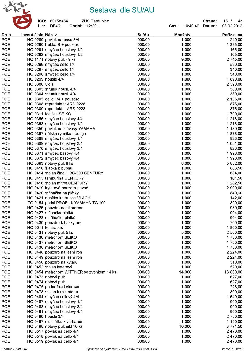 000 590,00 POE HO 0297 smyčec cello 1/4 000/00 1.000 340,00 POE HO 0298 smyčec cello 1/4 000/00 1.000 340,00 POE HO 0299 housle 4/4 000/00 1.000 1 890,00 POE HO 0300 viola 000/00 1.