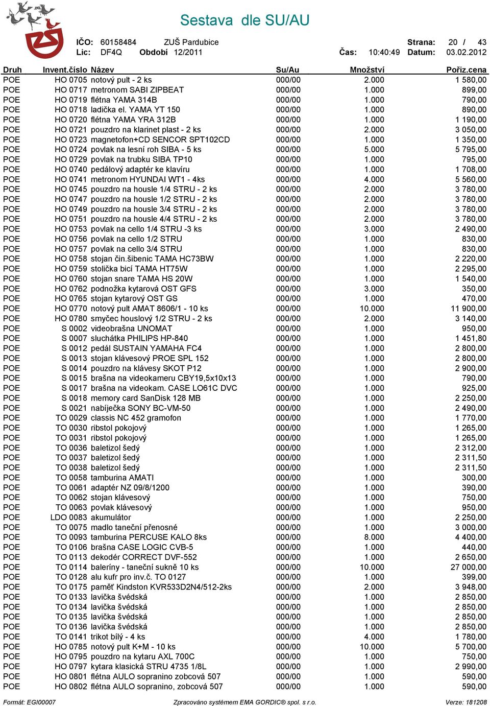 000 3 050,00 POE HO 0723 magnetofon+cd SENCOR SPT102CD 000/00 1.000 1 350,00 POE HO 0724 povlak na lesní roh SIBA - 5 ks 000/00 5.000 5 795,00 POE HO 0729 povlak na trubku SIBA TP10 000/00 1.