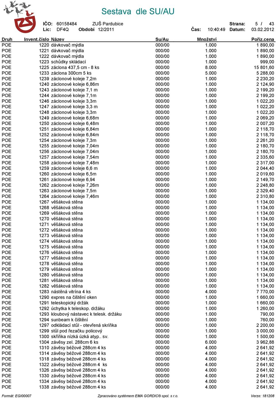 000 5 288,00 POE 1239 záclonové koleje 7,2m 000/00 1.000 2 230,20 POE 1240 záclonové koleje 6,86m 000/00 1.000 2 124,90 POE 1243 záclonové koleje 7,1 m 000/00 1.