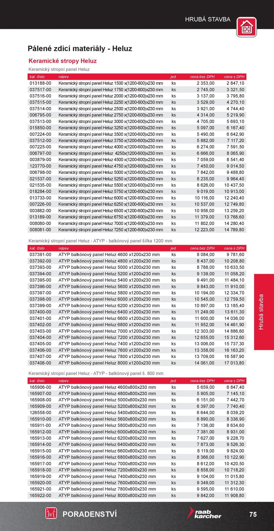 x(1200-600)x230 mm ks 3 529,00 4 270,10 037514-00 Keramický stropní panel Heluz 2500 x(1200-600)x230 mm ks 3 921,00 4 744,40 006795-00 Keramický stropní panel Heluz 2750 x(1200-600)x230 mm ks 4