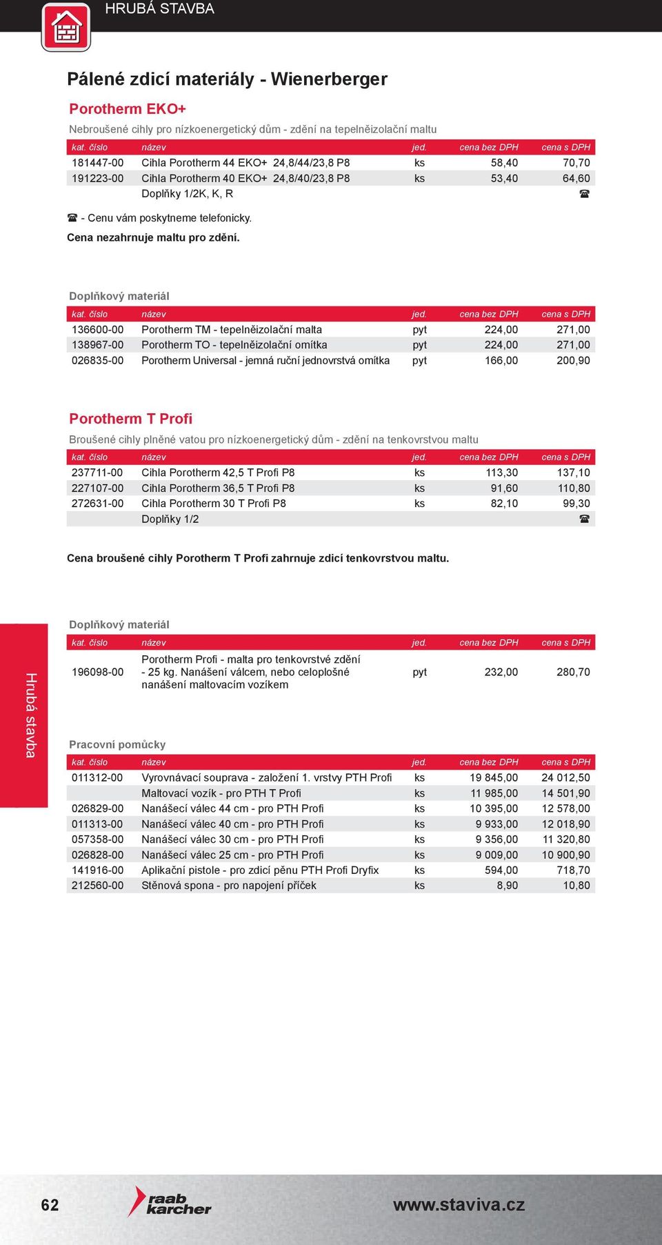 Doplňkový materiál 136600-00 Porotherm TM - tepelněizolační malta pyt 224,00 271,00 138967-00 Porotherm TO - tepelněizolační omítka pyt 224,00 271,00 026835-00 Porotherm Universal - jemná ruční