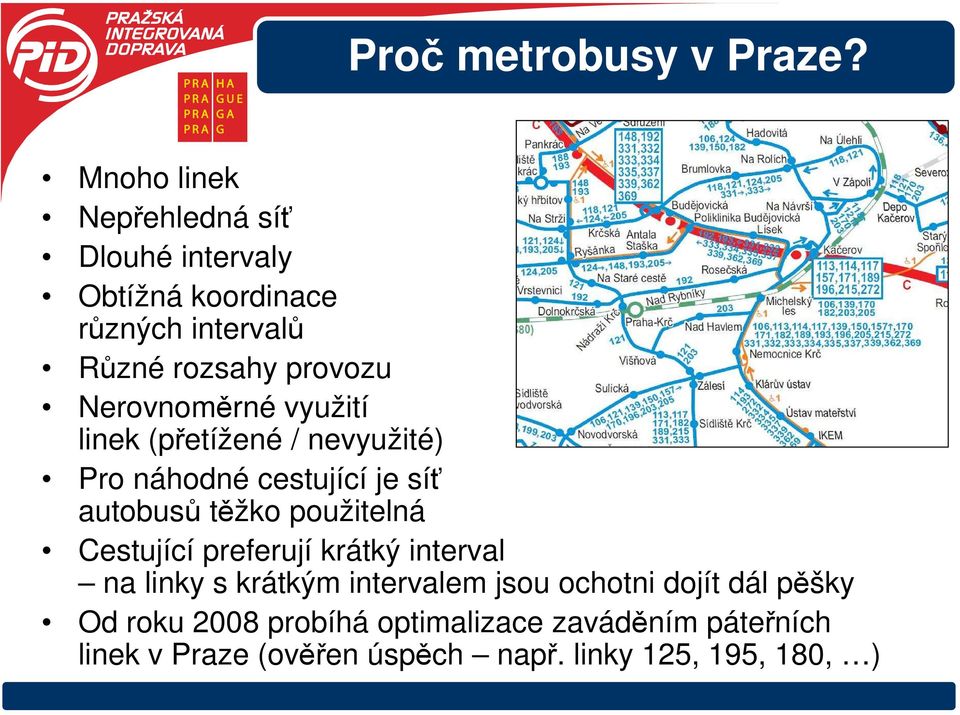 Nerovnoměrné využití linek (přetížené / nevyužité) Pro náhodné cestující je síť autobusů těžko použitelná