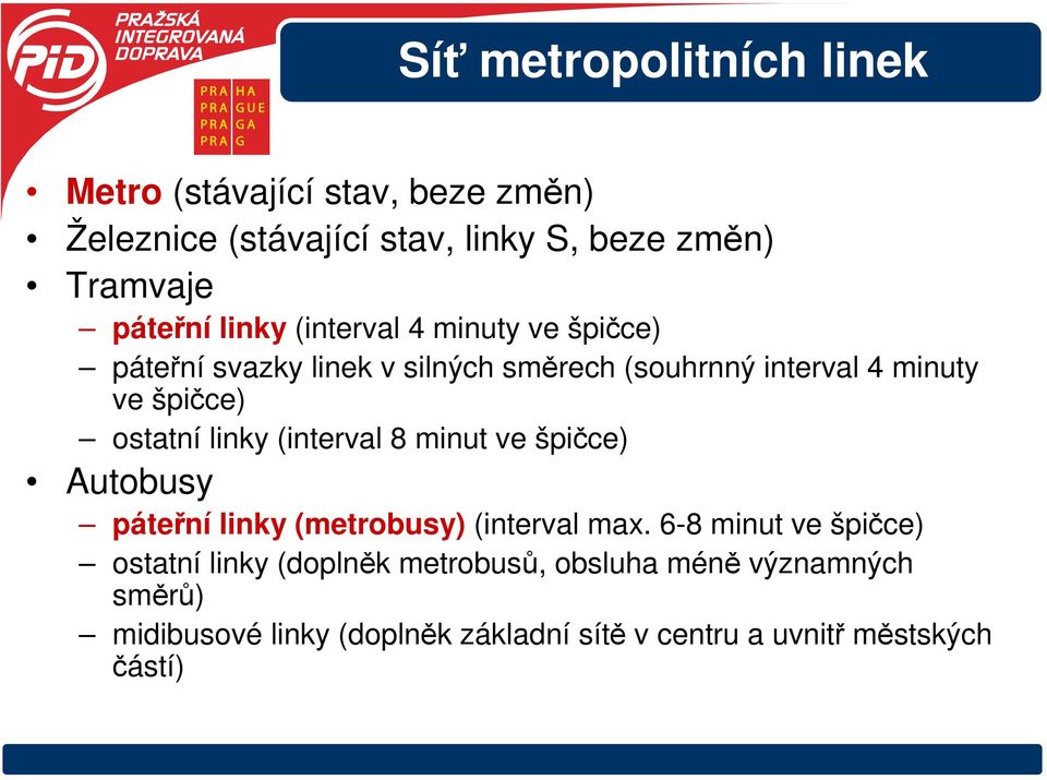 linky (interval 8 minut ve špičce) Autobusy páteřní linky (metrobusy) (interval max.