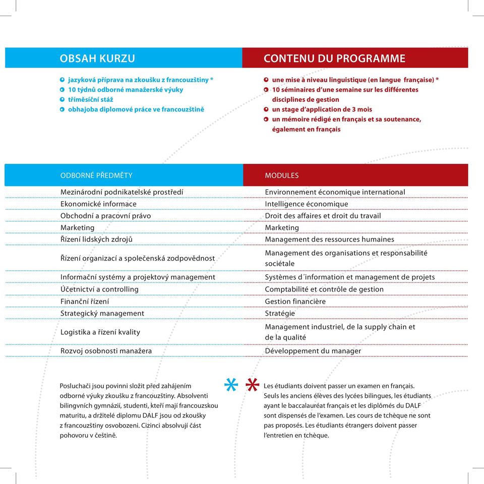 en français ODBORNÉ PŘEDMĚTY Mezinárodní podnikatelské prostředí Ekonomické informace Obchodní a pracovní právo Marketing Řízení lidských zdrojů Řízení organizací a společenská zodpovědnost