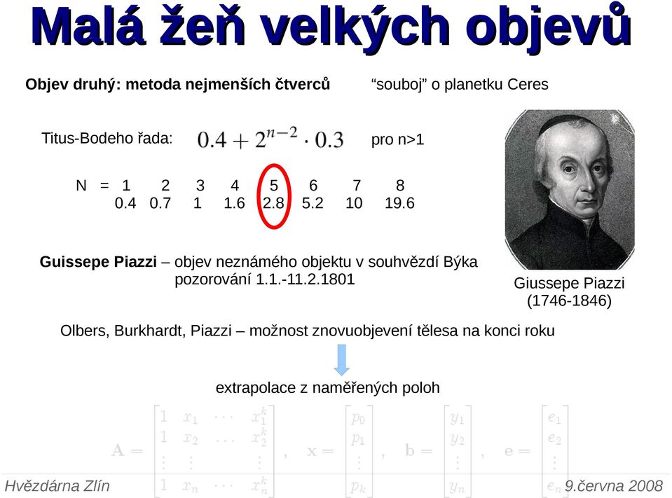 6 Guissepe Piazzi objev neznámého objektu v souhvězdí Býka pozorování 1.1.-11.2.