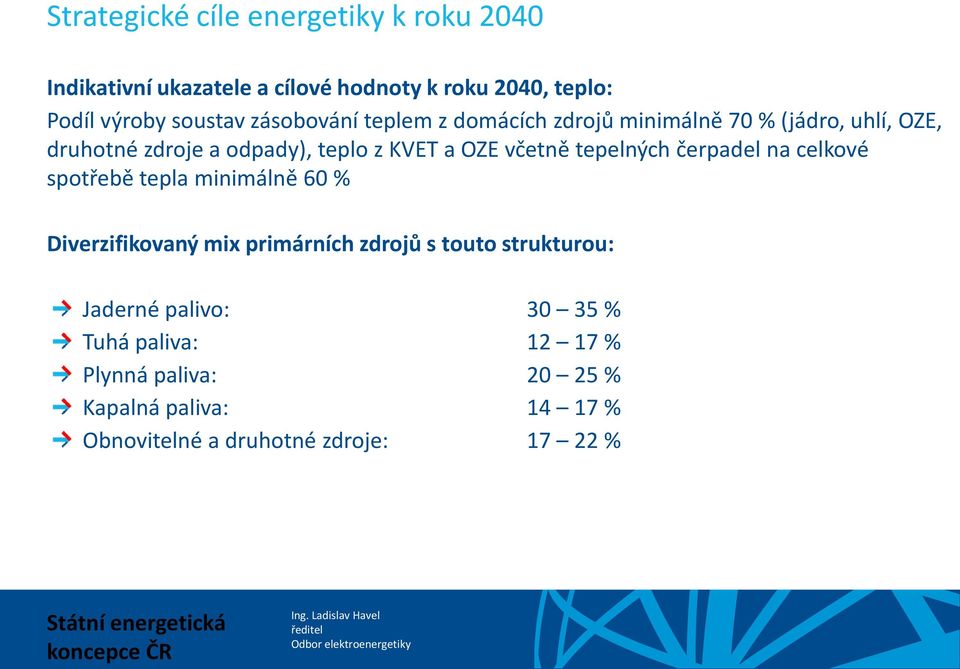 tepelných čerpadel na celkové spotřebě tepla minimálně 60 % Diverzifikovaný mix primárních zdrojů s touto strukturou: