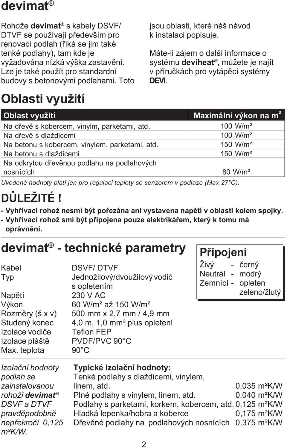 Toto Oblasti využití devimat - technické parametry Kabel Typ Napìtí Výkon Rozmìry (š x v) Studený konec Izolace vodièe Izolace pláštì Max.