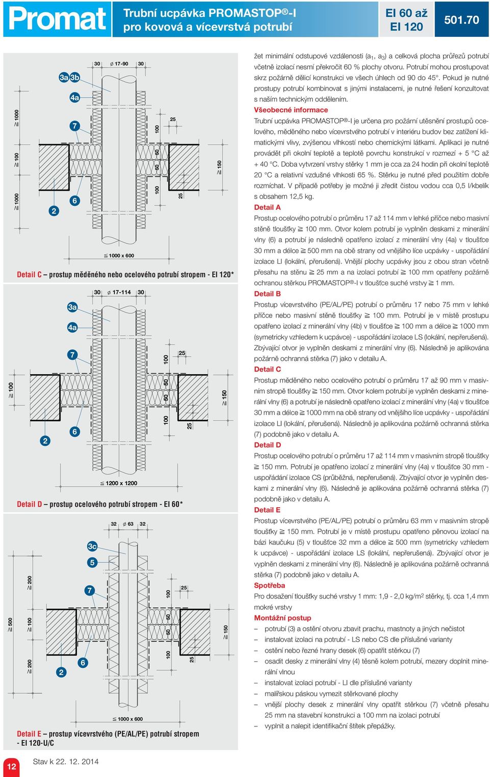 00 Detail E prostup vícevrstvého (PE/AL/PE) potrubí stropem - EI 0-U/C 00 0 0 00 00 0 0 00 00 0 0 00 0 0 0 žet minimální odstupové vzdálenosti (a, a ) a celková plocha průřezů potrubí včetně izolací