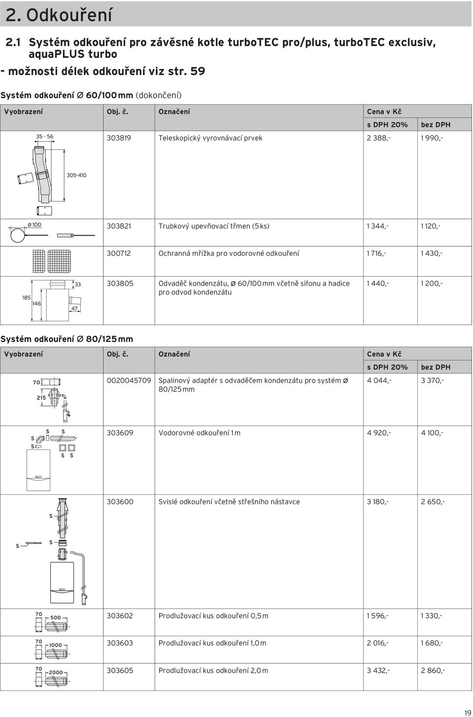 303805 Odvaděč kondenzátu, Ø 60/100 mm včetně sifonu a hadice pro odvod kondenzátu 1 440,- 1 200,- Systém odkouření Ø 80/125 mm Vyobrazení Obj. č.