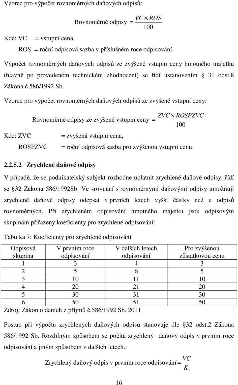 Vzorec pro výpočet rovnoměrných daňových odpisů ze zvýšené vstupní ceny: Kde: ZVC Rovnoměrné odpisy ze zvýšené vstupní ceny ROSPZVC = zvýšená vstupní cena, 2.2.5.