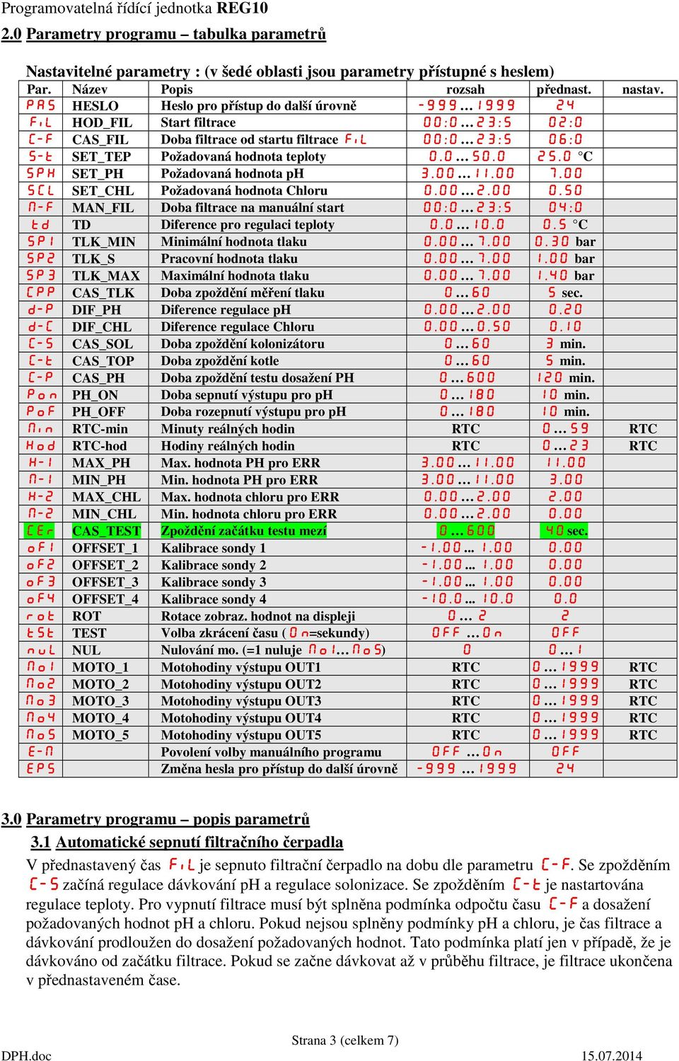 teploty 0.0 50.0 25.0 C SPH SET_PH Požadovaná hodnota ph 3.00 11.00 7.00 SCL SET_CHL Požadovaná hodnota Chloru 0.00 2.00 0.