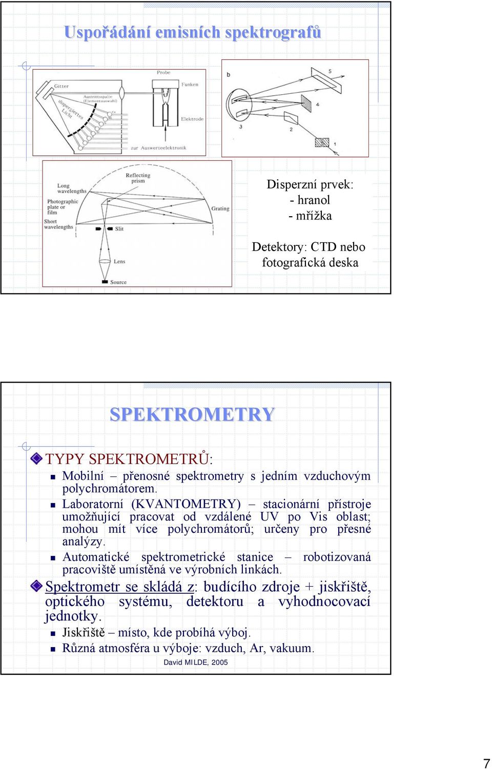 Laboratorní (KVANTOMETRY) stacionární přístroje umožňující pracovat od vzdálené UV po Vis oblast; mohou mít více polychromátorů; určeny pro přesné analýzy.