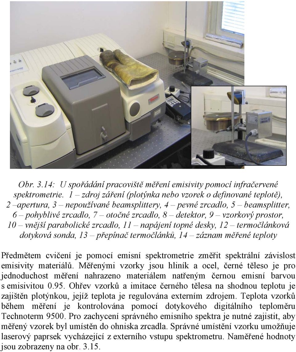 prostor, 10 vnější parabolické zrcadlo, 11 napájení topné desky, 12 termočlánková dotyková sonda, 13 přepínač termočlánků, 14 záznam měřené teploty Předmětem cvičení je pomocí emisní spektrometrie