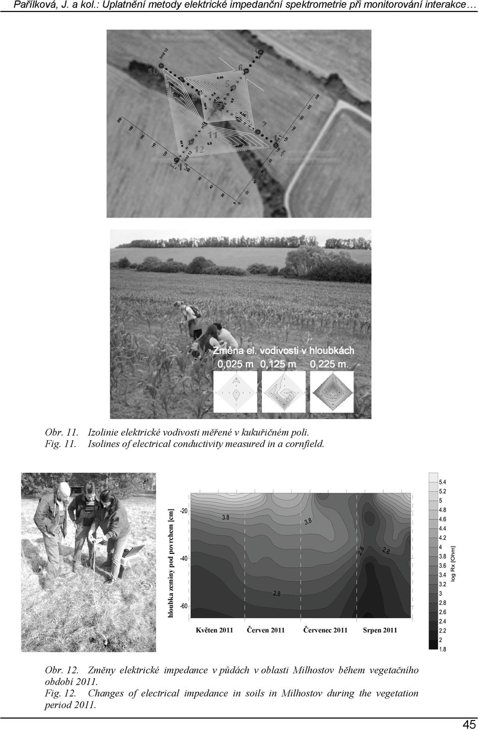 Izolinie elektrické vodivosti měřené v kukuřičném poli. Fig. 11. Isolines of electrical conductivity measured in a cornfield.