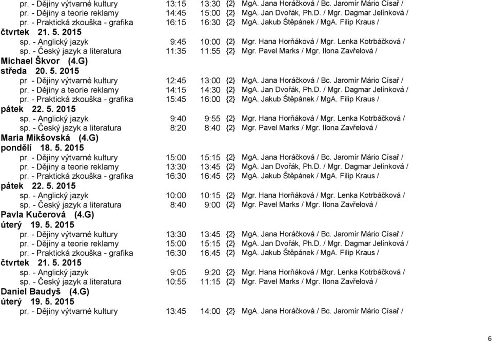 - Dějiny výtvarné kultury 12:45 13:00 {2} MgA. Jana Horáčková / Bc. Jaromír Mário Císař / pr. - Dějiny a teorie reklamy 14:15 14:30 {2} MgA. Jan Dvořák, Ph.D. / Mgr. Dagmar Jelínková / sp.