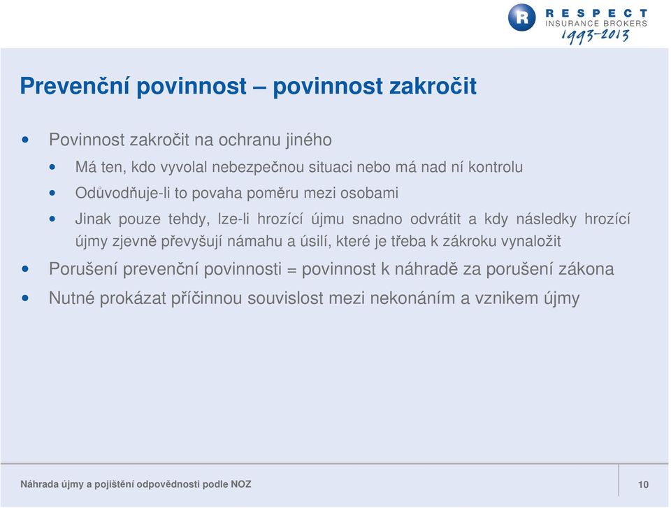 újmy zjevně převyšují námahu a úsilí, které je třeba k zákroku vynaložit Porušení prevenční povinnosti = povinnost k náhradě za