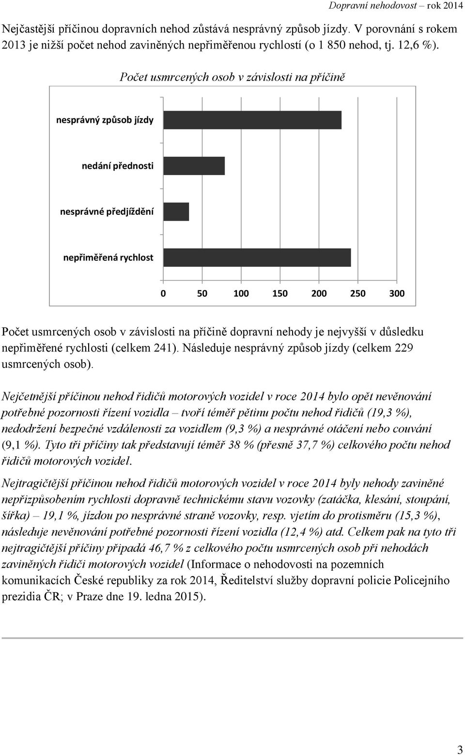 nehody je nejvyšší v důsledku nepřiměřené rychlosti (celkem 241). Následuje nesprávný způsob jízdy (celkem 229 usmrcených osob).