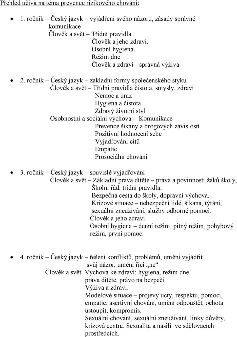 ročník Český jazyk základní formy společenského styku Člověk a svět Třídní pravidla čistota, smysly, zdraví Nemoc a úraz Hygiena a čistota Zdravý životní styl Osobnostní a sociální výchova -