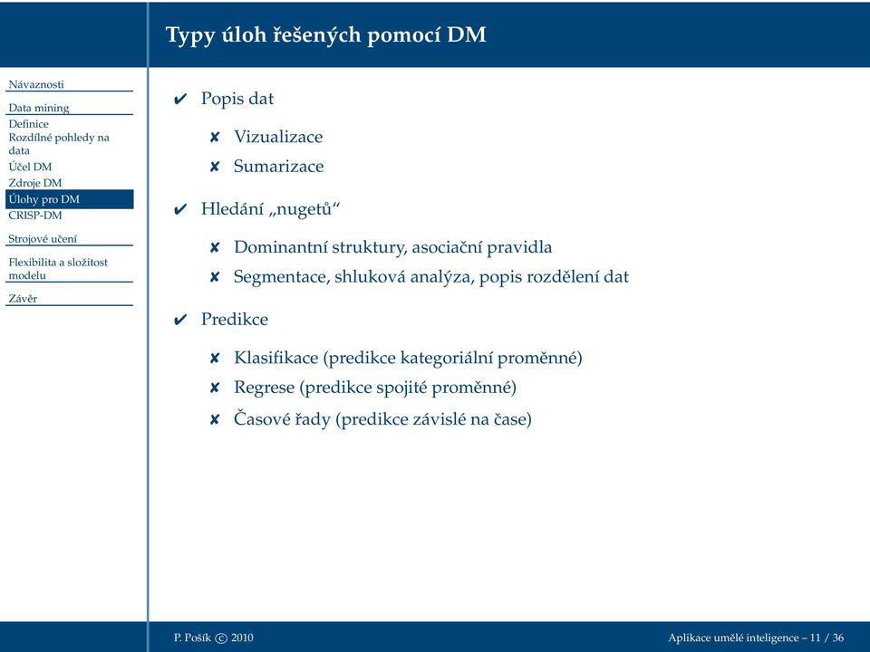 shluková analýza, popis rozdělení dat Predikce Klasifikace (predikce kategoriální proměnné) Regrese