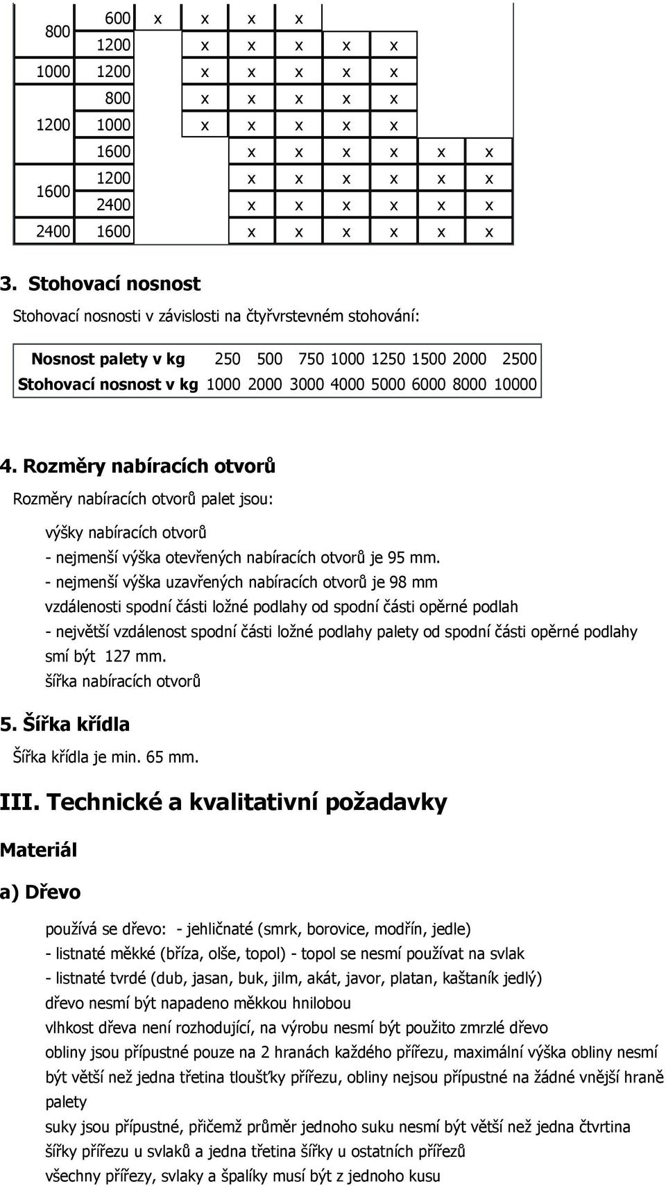 4. Rozměry nabíracích otvorů Rozměry nabíracích otvorů palet jsou: výšky nabíracích otvorů - nejmenší výška otevřených nabíracích otvorů je 95 mm.