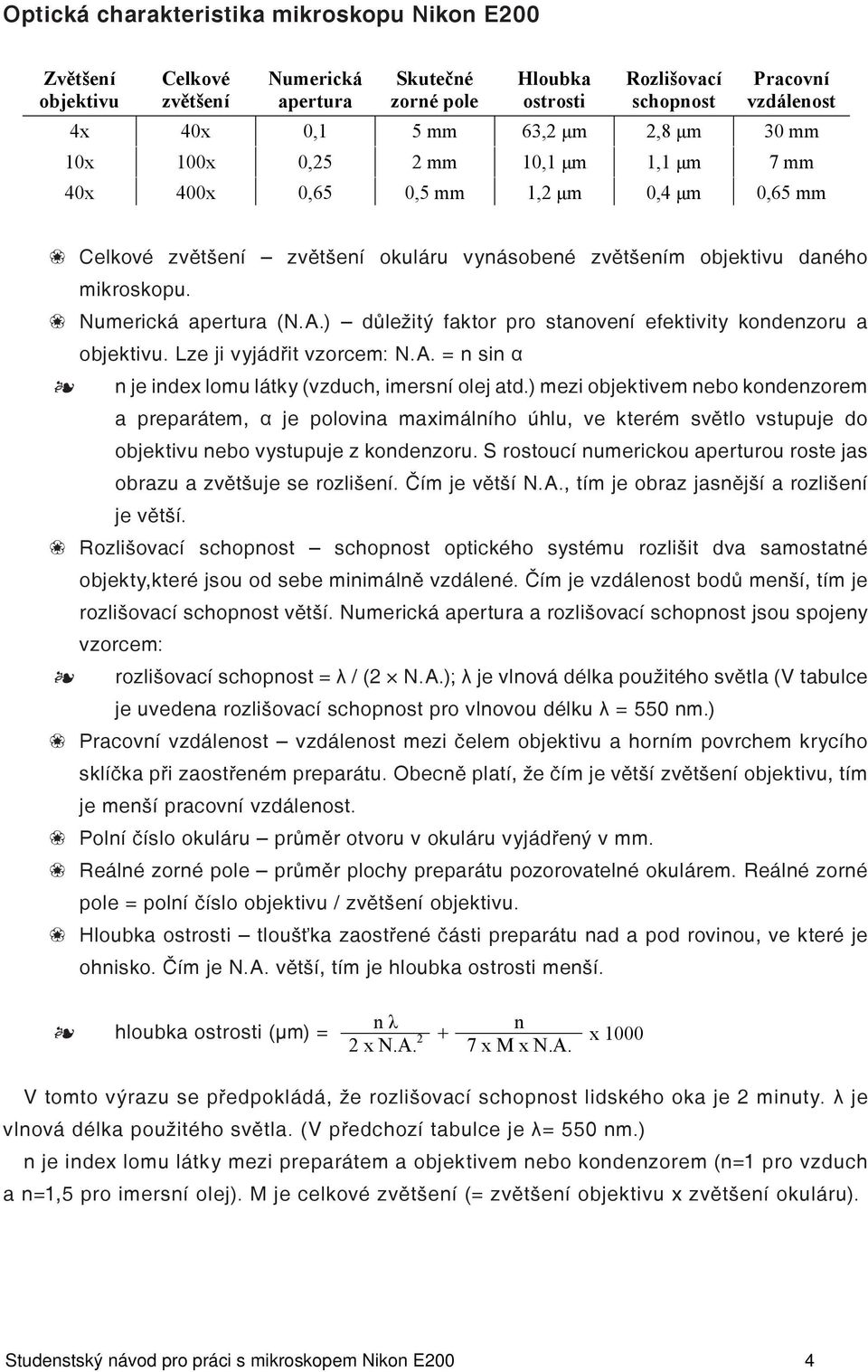 63,2 μm 2,8 μm 30 mm 10x 100x 0,25 2 mm 10,1 μm 1,1 μm 7 mm 40x 400x 0,65 0,5 mm 1,2 μm 0,4 μm 0,65 mm Celkové zvětšení zvětšení okuláru vynásobené zvětšením objektivu daného 7.2. Terminologie mikroskopování mikroskopu.