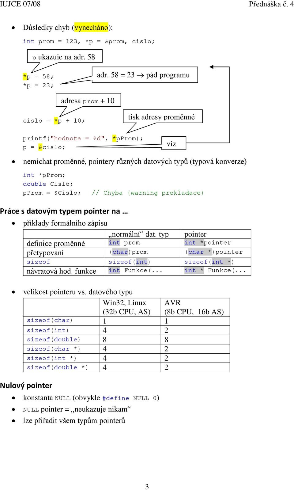 Cislo; pprom = &Cislo; // Chyba (warning prekladace) Práce s datovým typem pointer na příklady formálního zápisu normální dat.