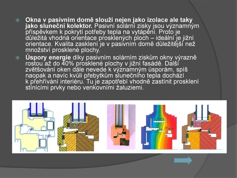 Úspory energie díky pasivním solárním ziskům okny výrazně rostou až do 40% prosklené plochy v jižní fasádě.