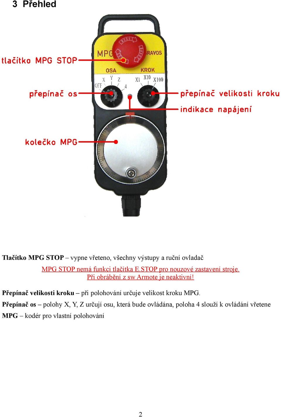 Přepínač velikosti kroku při polohování určuje velikost kroku MPG.