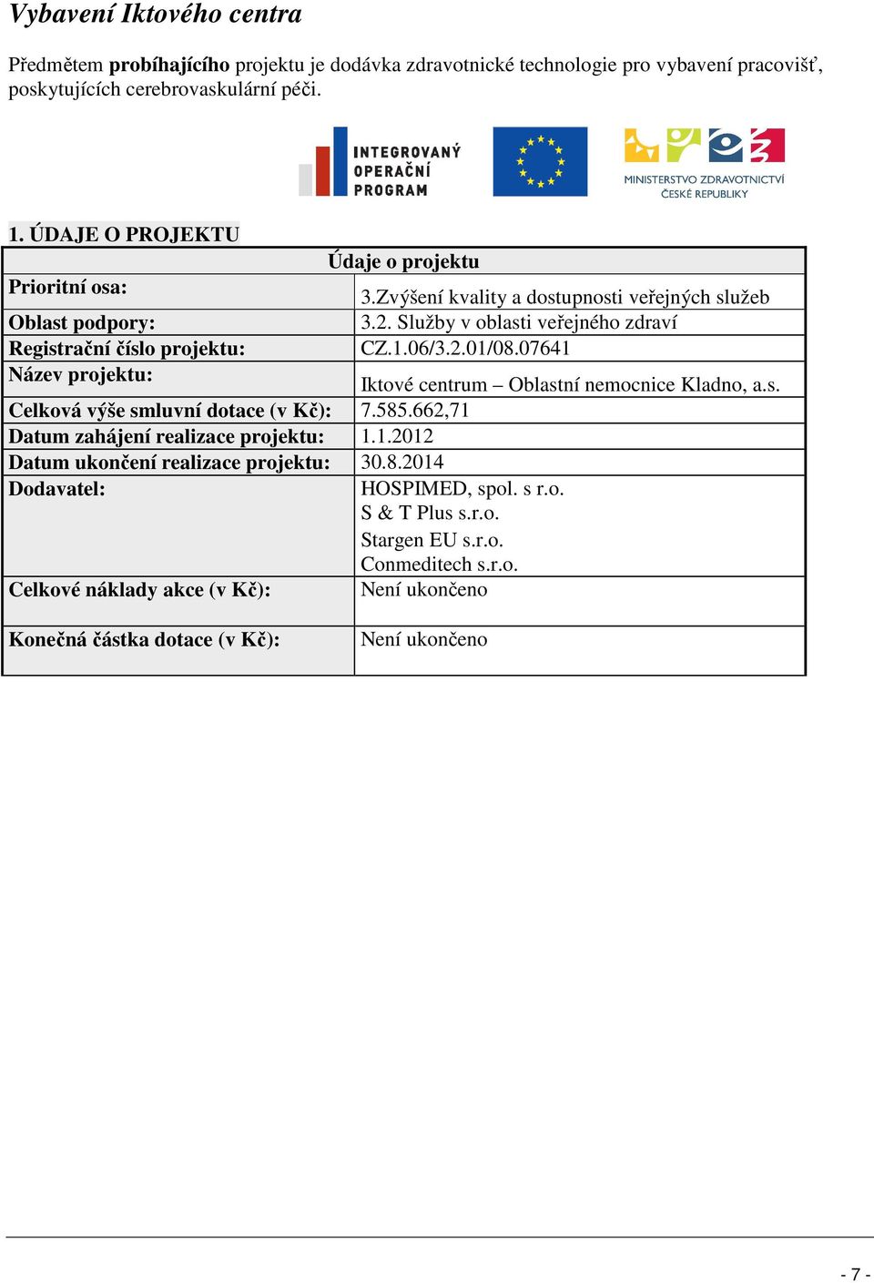 s. Celková výše smluvní dotace (v Kč): 7.585.662,71 Datum zahájení realizace projektu: 1.1.2012 Datum ukončení realizace projektu: 30.8.2014 HOSPIMED, spol.