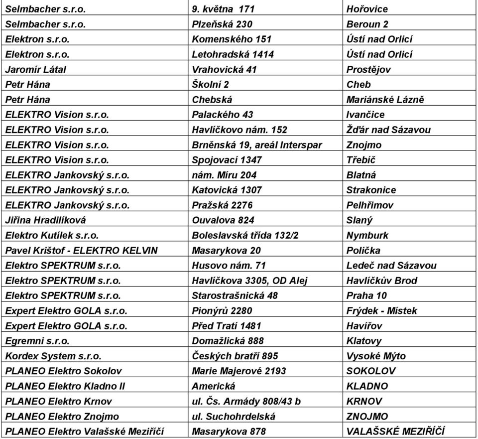 r.o. nám. Míru 204 Blatná ELEKTRO Jankovský s.r.o. Katovická 1307 Strakonice ELEKTRO Jankovský s.r.o. Pražská 2276 Pelhřimov Jiřina Hradilíková Ouvalova 824 Slaný Elektro Kutílek s.r.o. Boleslavská třída 132/2 Nymburk Pavel Krištof - ELEKTRO KELVIN Masarykova 20 Polička Elektro SPEKTRUM s.