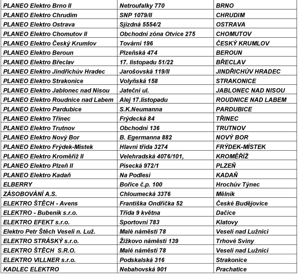 listopadu 51/22 BŘECLAV PLANEO Elektro Jindřichův Hradec Jarošovská 119/II JINDŘICHŮV HRADEC PLANEO Elektro Strakonice Volyňská 158 STRAKONICE PLANEO Elektro Jablonec nad Nisou Jateční ul.