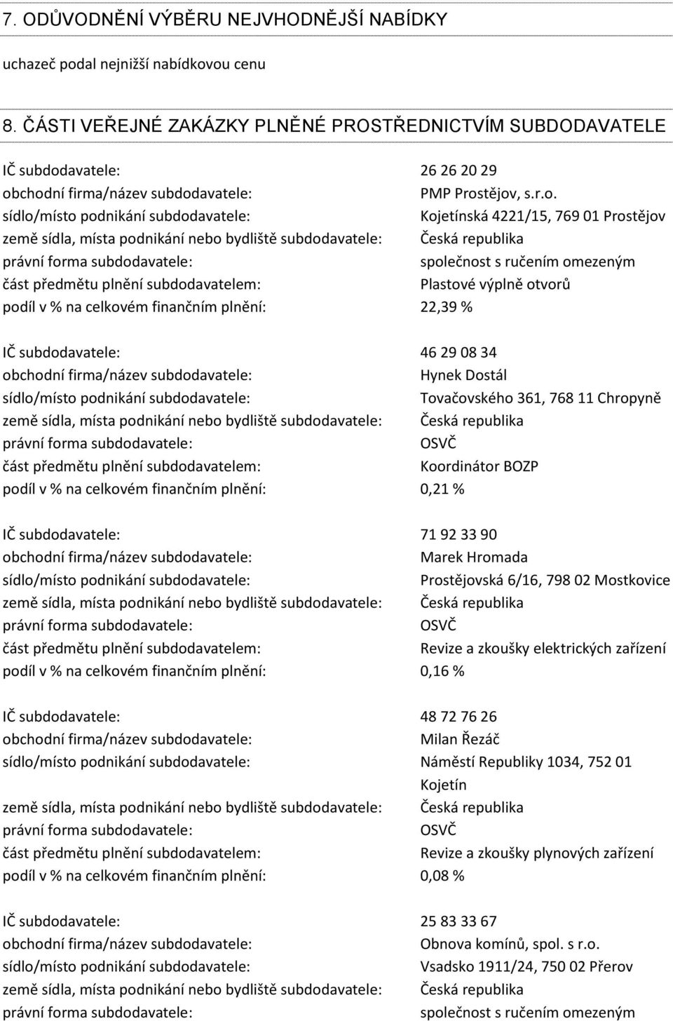 ou cenu 8. ČÁSTI VEŘEJNÉ ZAKÁZKY PLNĚNÉ PROSTŘEDNICTVÍM SUBDODAVATELE IČ subdodavatele: 26 26 20 29 PMP Prostějov, s.r.o. Kojetínská 4221/15, 769 01 Prostějov země sídla, místa podnikání nebo