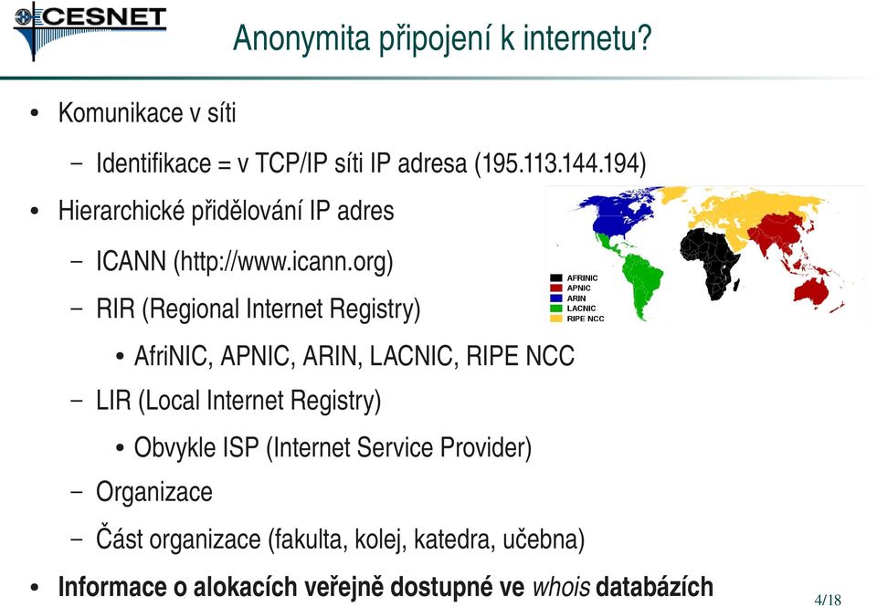 org) RIR (Regional Internet Registry) AfriNIC, APNIC, ARIN, LACNIC, RIPE NCC LIR (Local Internet Registry)