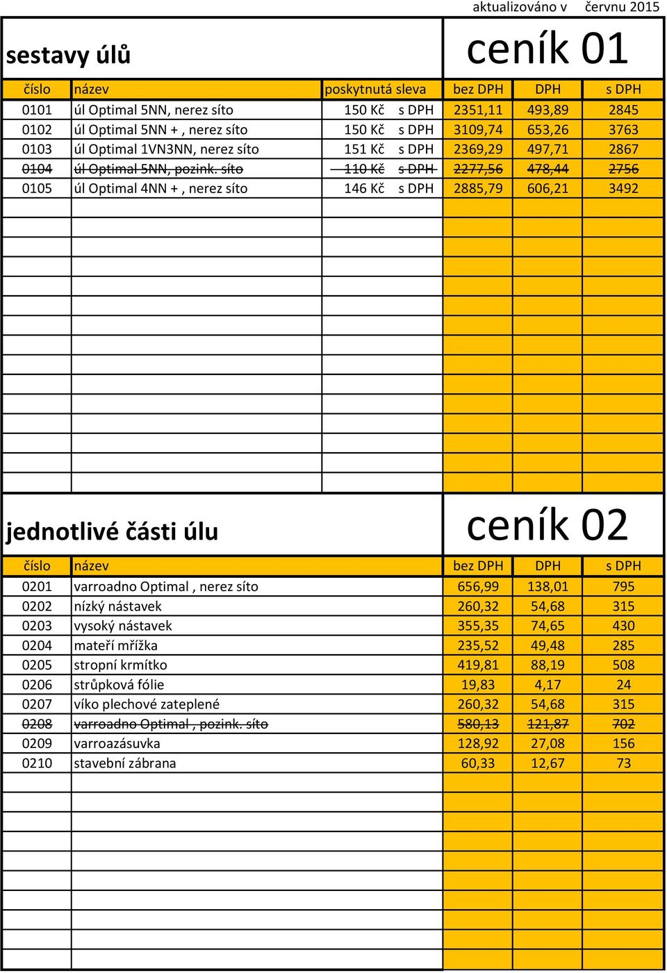 síto 110 Kč s DPH 2277,56 478,44 2756 0105 úl Optimal 4NN +, nerez síto 146 Kč s DPH 2885,79 606,21 3492 jednotlivé části úlu ceník 02 0201 varroadno Optimal, nerez síto 656,99 138,01 795 0202 nízký