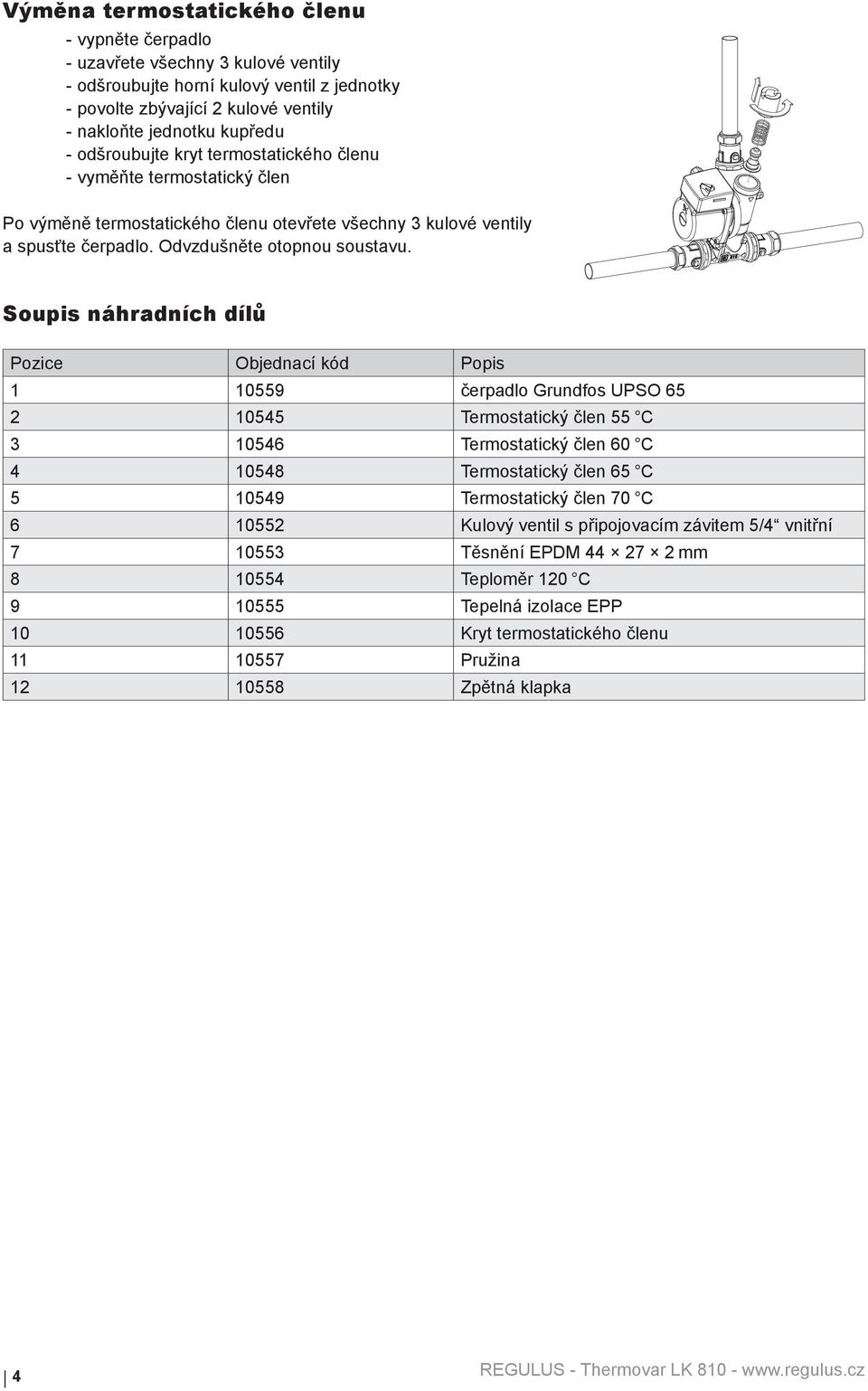 Soupis náhradních dílů Pozice Objednací kód Popis 1 1559 čerpadlo Grundfos UPSO 65 2 1545 Termostatický člen 55 C 3 1546 Termostatický člen C 4 1548 Termostatický člen 65 C 5 1549 Termostatický člen