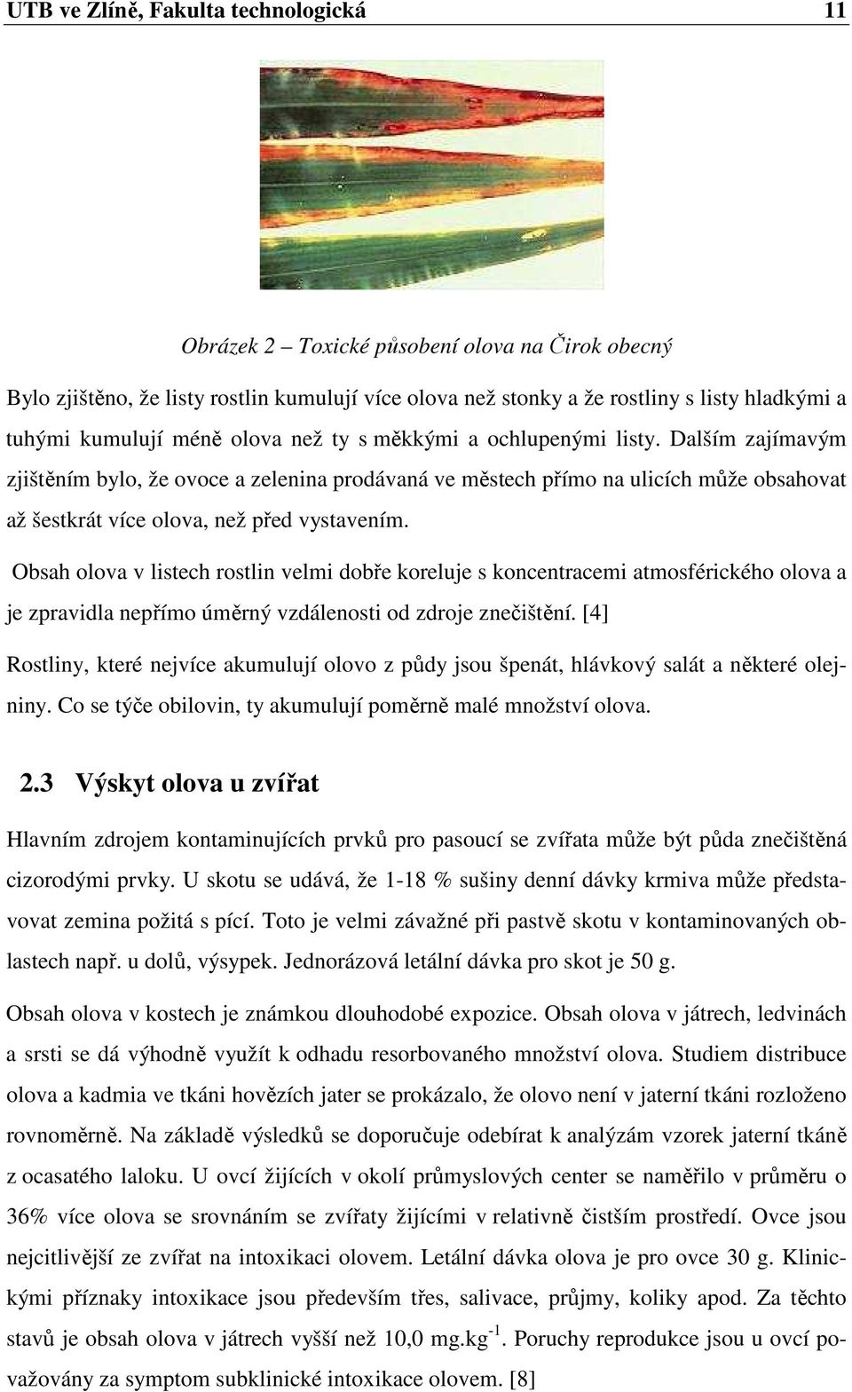 Obsah olova v listech rostlin velmi dobře koreluje s koncentracemi atmosférického olova a je zpravidla nepřímo úměrný vzdálenosti od zdroje znečištění.