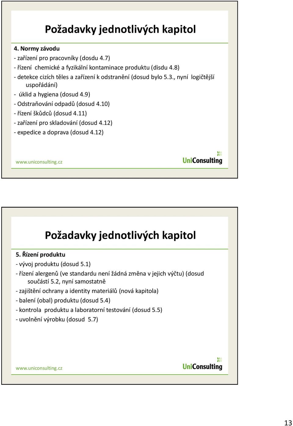 11) - zařízení pro skladování (dosud 4.12) - expedice a doprava (dosud 4.12) www.uniconsulting.cz Požadavky jednotlivých kapitol 5. Řízení produktu - vývoj produktu (dosud 5.