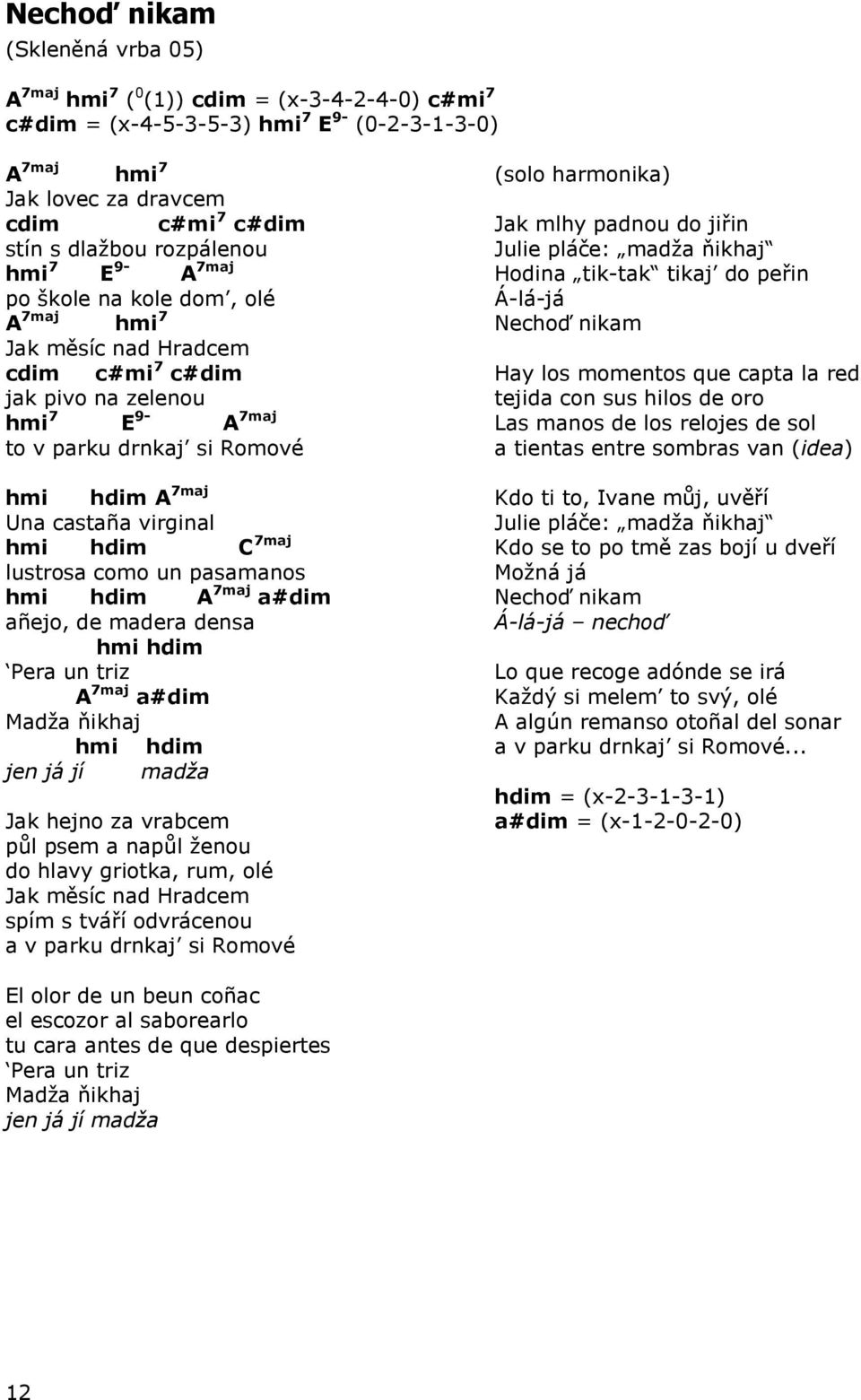 castaña virginal hmi hdim C 7maj lustrosa como un pasamanos hmi hdim A 7maj a#dim añejo, de madera densa hmi hdim Pera un triz A 7maj a#dim Madţa ňikhaj hmi hdim jen já jí madža Jak hejno za vrabcem