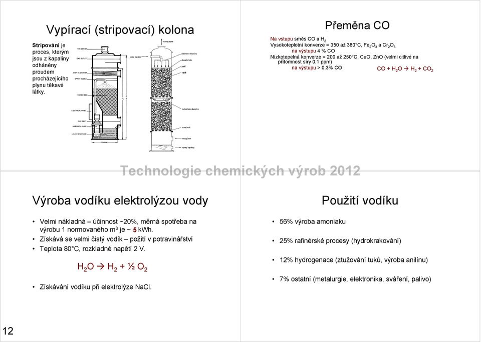 ppm) na výstupu >0.3% CO CO + H 2 O H 2 + CO 2 Výroba vodíku elektrolýzou vody Velmi nákladná účinnost ~20%, měrná spotřeba na výrobu 1 normovaného m 3 je ~ 5 kwh.