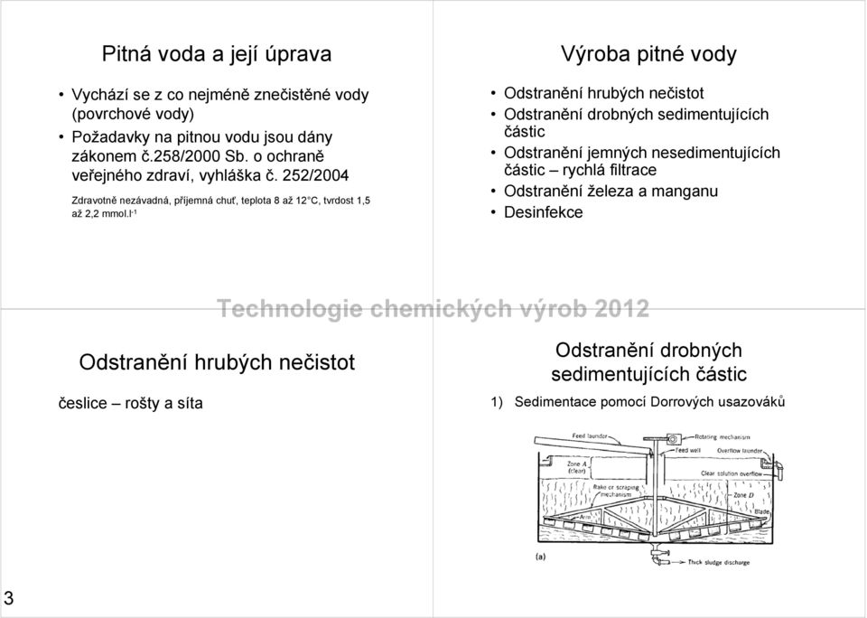 l -1 Výroba pitné vody Odstranění hrubých nečistot Odstranění drobných sedimentujících částic Odstranění jemných nesedimentujících částic rychlá