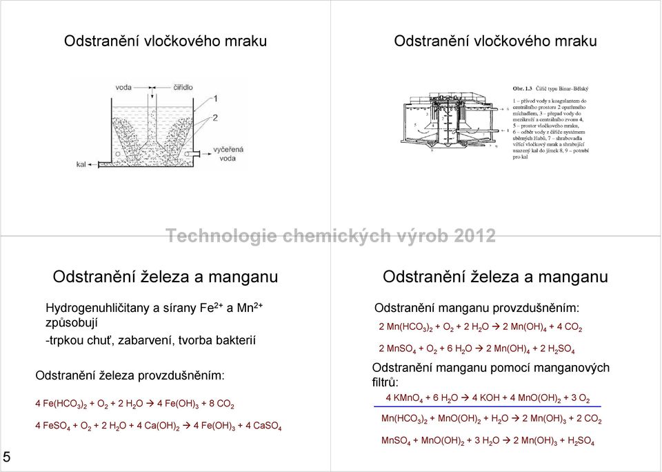 železa a manganu Odstranění manganu provzdušněním: 2 Mn(HCO 3 ) 2 + O 2 + 2 H 2 O 2 Mn(OH) 4 + 4 CO 2 2 MnSO 4 + O 2 + 6 H 2 O 2 Mn(OH) 4 + 2 H 2 SO 4 Odstranění manganu