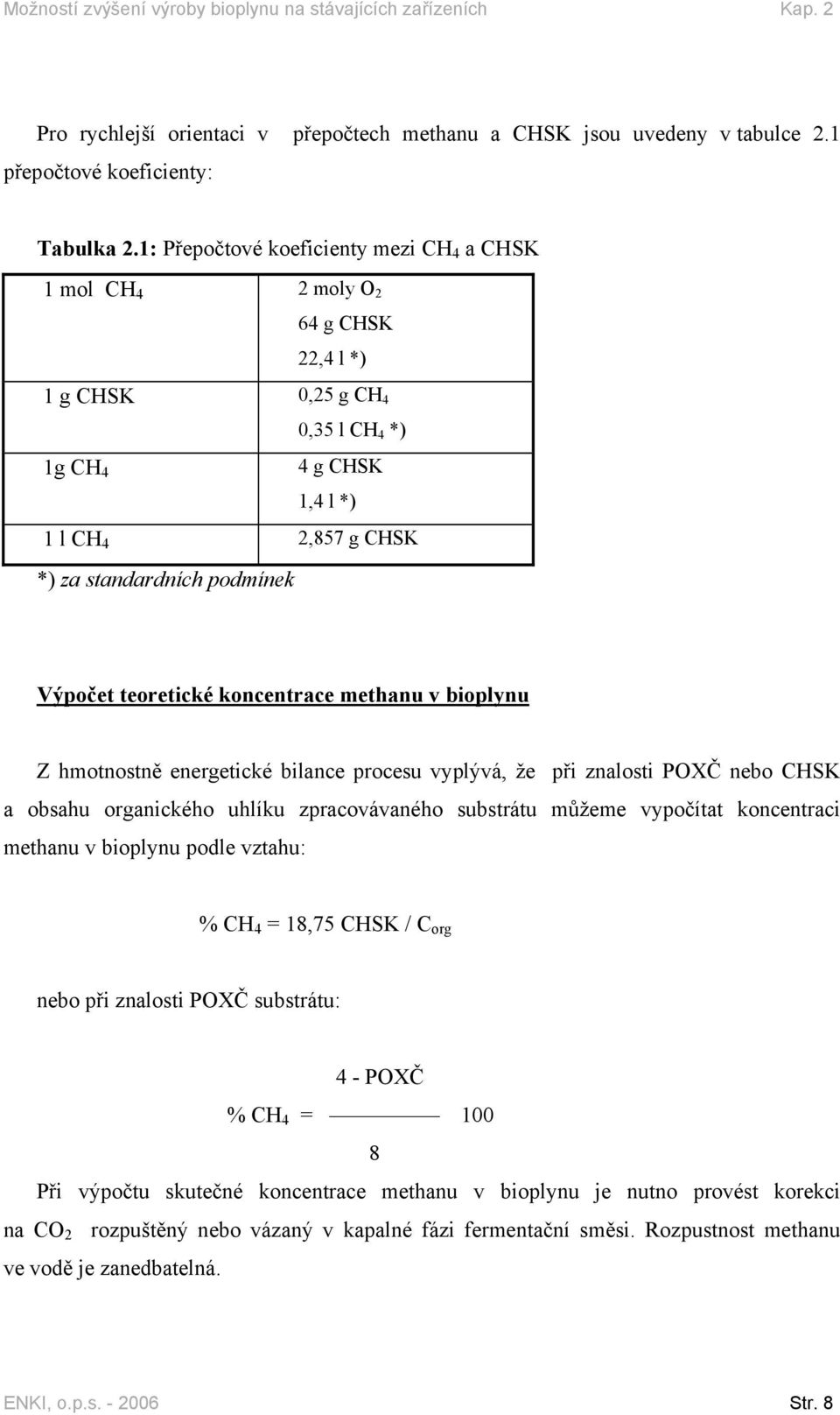 Výpočet teoretické koncentrace methanu v bioplynu Z hmotnostně energetické bilance procesu vyplývá, že při znalosti POXČ nebo CHSK a obsahu organického uhlíku zpracovávaného substrátu můžeme