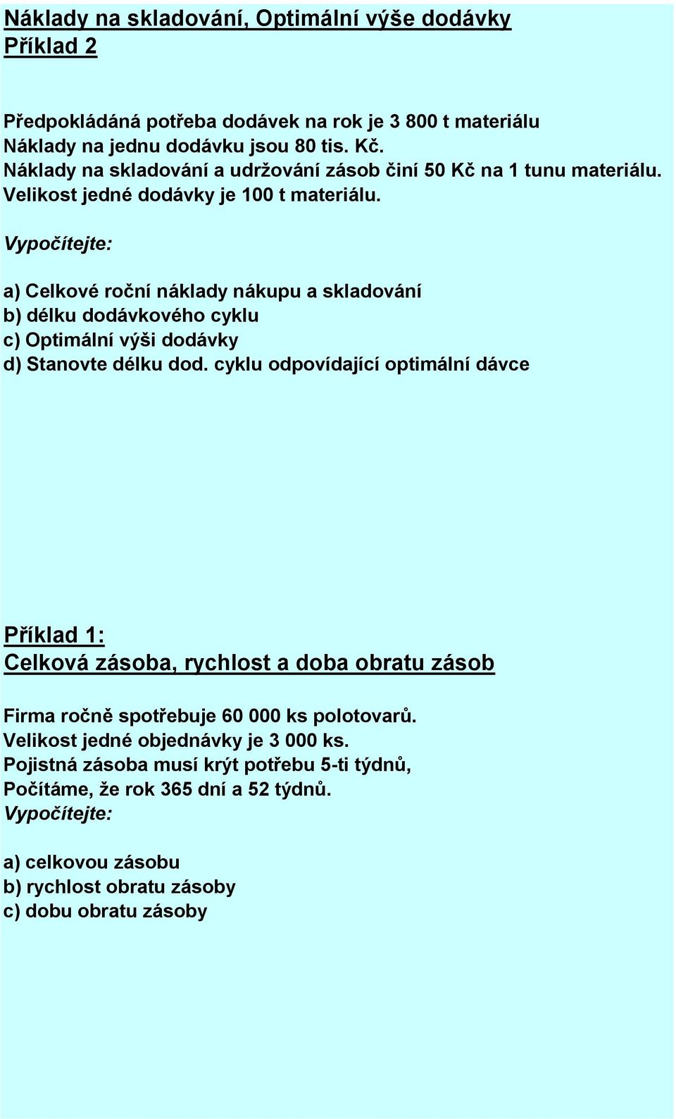 a) Celkové roční náklady nákupu a skladování b) délku dodávkového cyklu c) Optimální výši dodávky d) Stanovte délku dod.