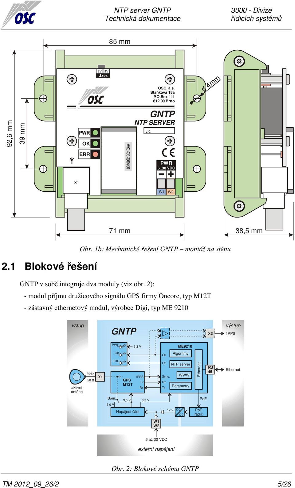 2): - modul příjmu družicového signálu GPS firmy Oncore, typ M12T - zástavný ethernetový modul, výrobce Digi, typ ME 9210 vstup GNTP X3 výstup 1PPS PWR 3,3 V ME9210 OK O0 Algoritmy aktivní anténa