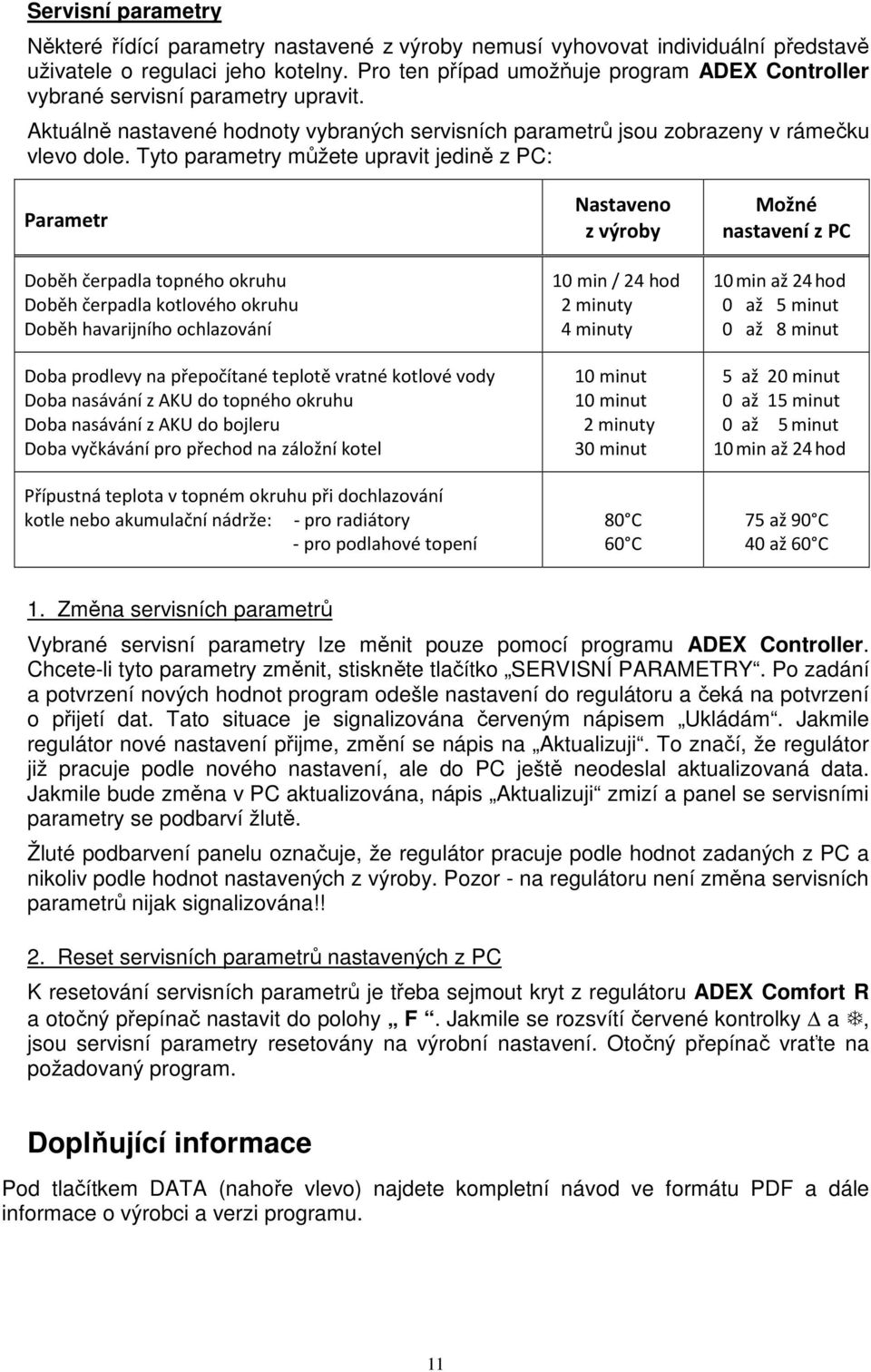 Tyto parametry můžete upravit jedině z PC: Parametr Doběh čerpadla topného okruhu Doběh čerpadla kotlového okruhu Doběh havarijního ochlazování Doba prodlevy na přepočítané teplotě vratné kotlové