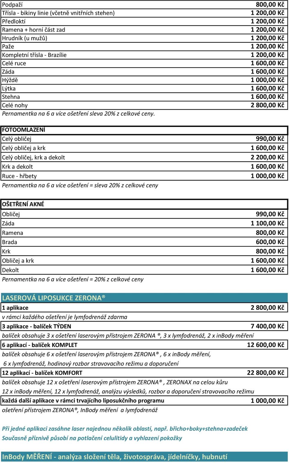 FOTOOMLAZENÍ Celý Celý a krk Celý, krk a dekolt Krk a dekolt Ruce - hřbety Pernamentka na 6 a více ošetření = sleva 20% z celkové ceny 2 2 200,00 Kč OŠETŘENÍ AKNÉ Obličej Záda Ramena Brada Krk