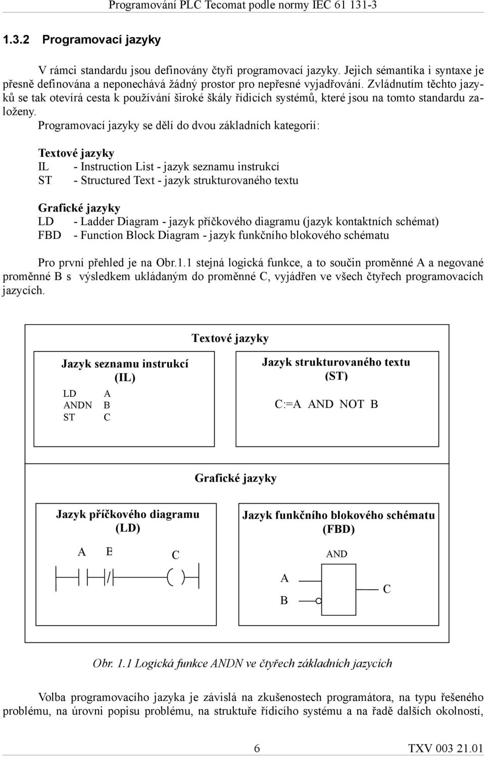 Programovací jazyky se dělí do dvou základních kategorií: Textové jazyky IL - Instruction List - jazyk seznamu instrukcí ST - Structured Text - jazyk strukturovaného textu Grafické jazyky LD - Ladder