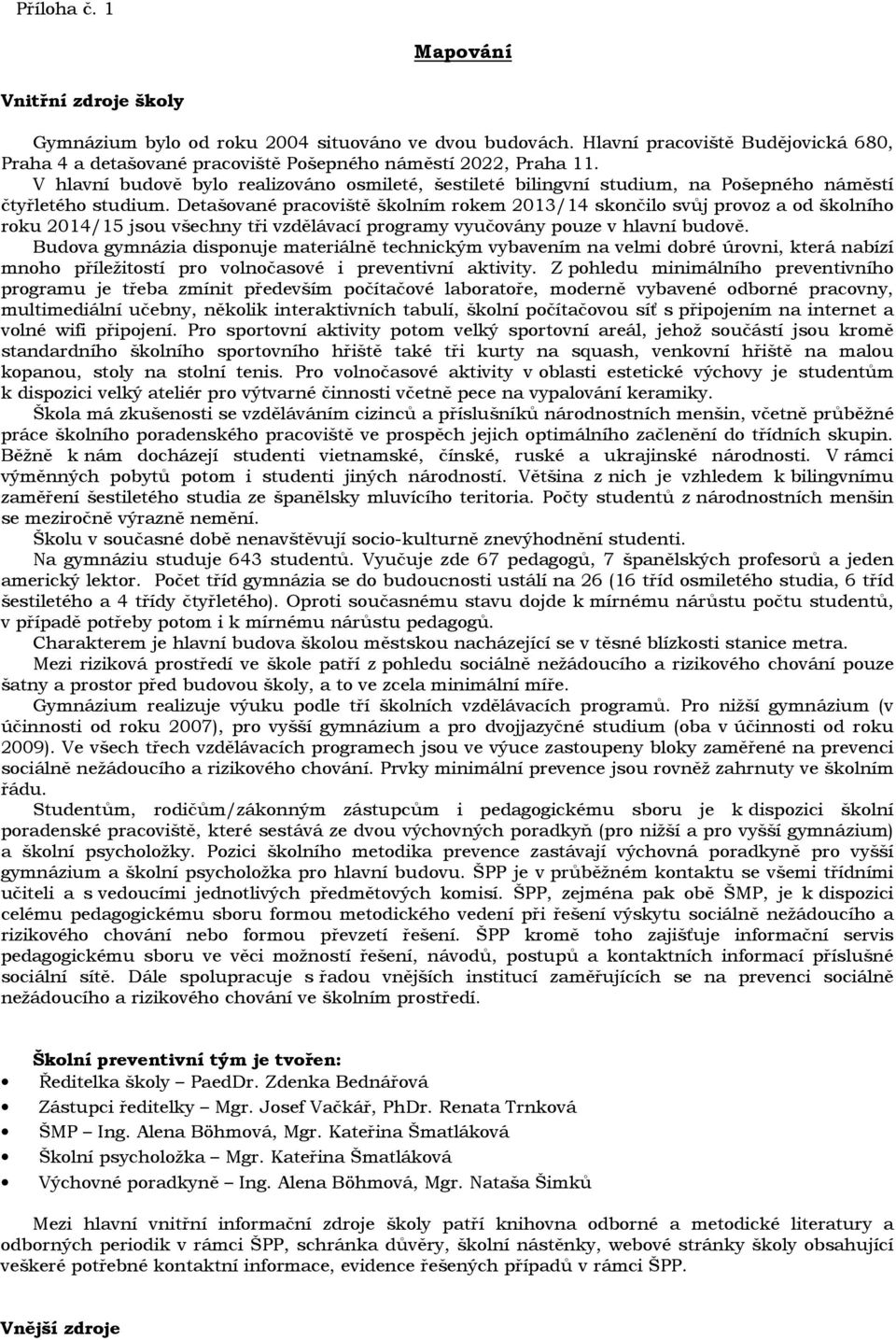 Detašované pracoviště školním rokem 2013/14 skončilo svůj provoz a od školního roku 2014/15 jsou všechny tři vzdělávací programy vyučovány pouze v hlavní budově.