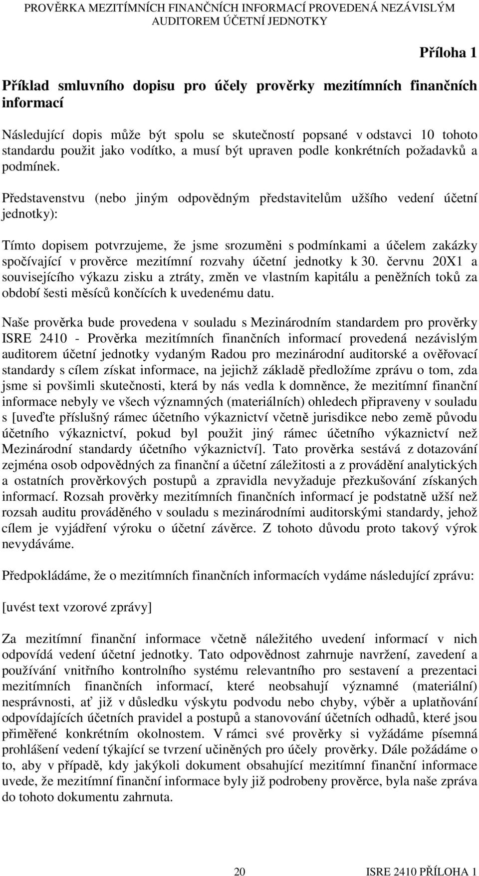 Představenstvu (nebo jiným odpovědným představitelům užšího vedení účetní jednotky): Tímto dopisem potvrzujeme, že jsme srozuměni s podmínkami a účelem zakázky spočívající v prověrce mezitímní